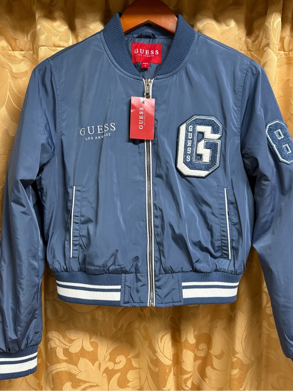 Guess navy Blue Bomber Jacket with Varsity Patch size S New with tags